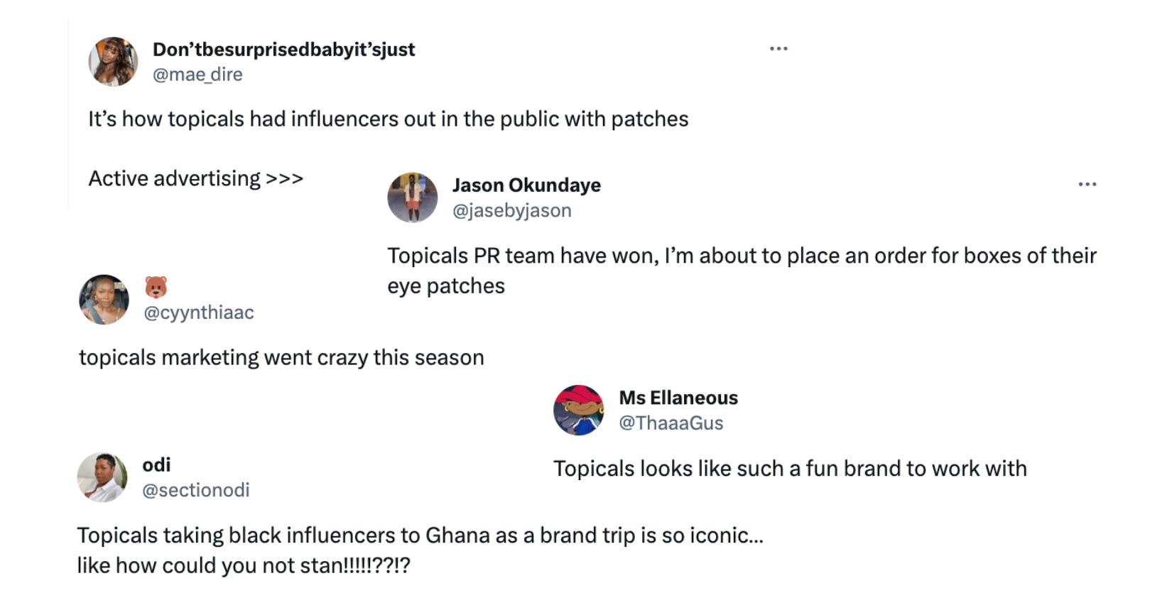 Screenshots of various tweets complimenting the Topicals marketing and community efforts
