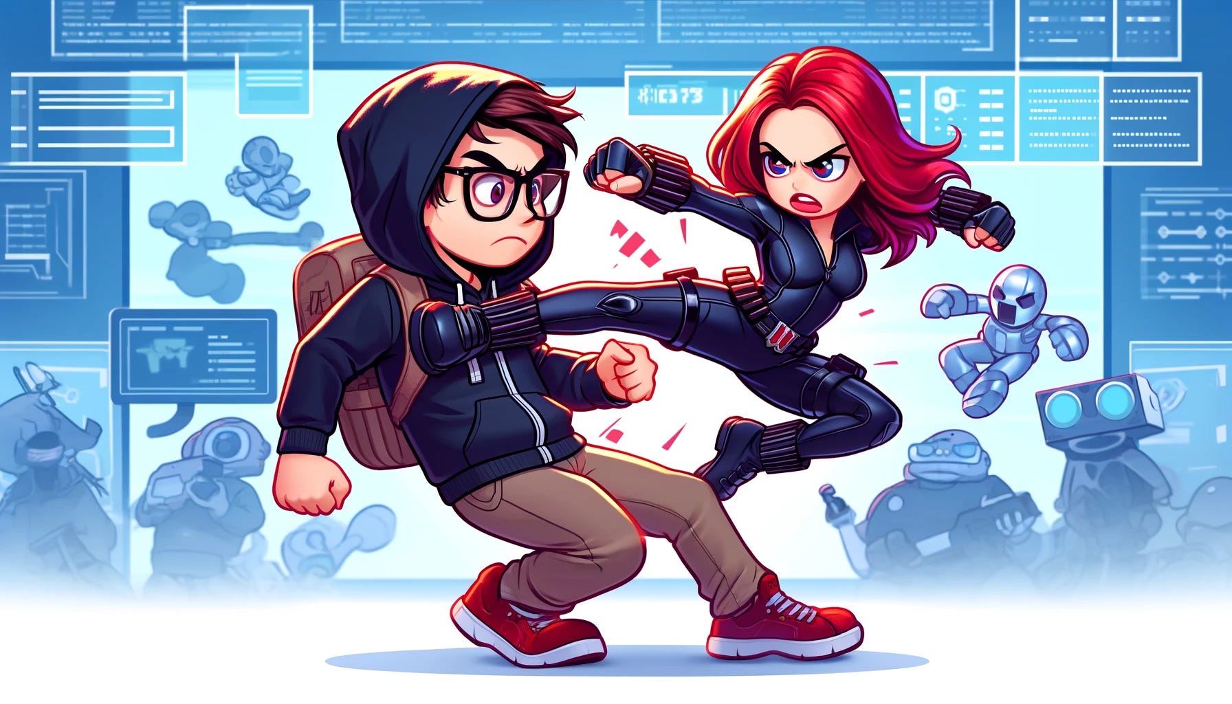 A cartoon illustration featuring Black Widow in a dynamic fight with a Silicon Valley geek. Black Widow should be in her iconic black suit, showcasing her agility and combat skills, while the Silicon Valley geek is depicted without glasses, wearing a hoodie, and holding tech gadgets. They should be engaged in combat, with Black Widow delivering a kick or punch and the geek countering with a gadget. The background should be a tech-themed environment, filled with futuristic devices and code screens. The scene should be action-packed, with vibrant colors and exaggerated expressions to emphasize the cartoon style.