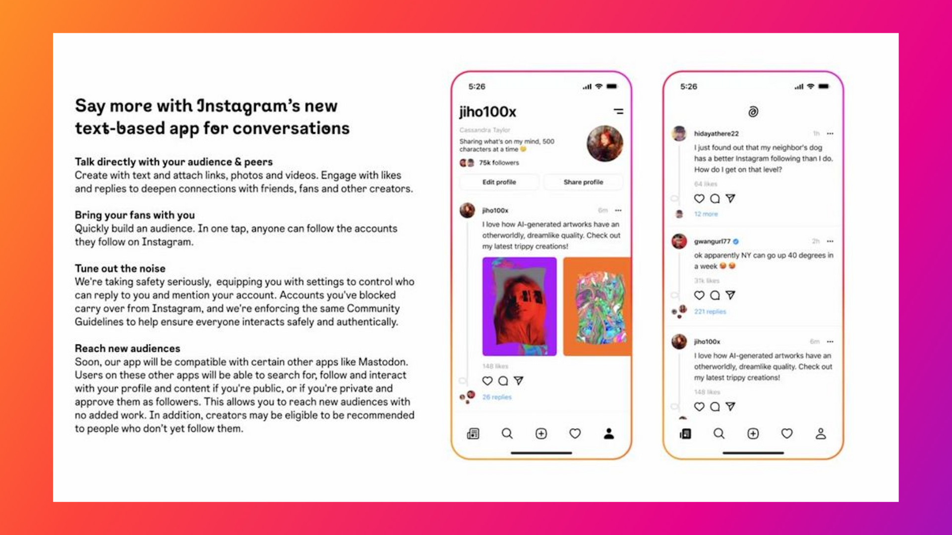 screenshot of Instagram's new text-based app and information they've been sharing with creators - on the left if a description titled "say more with Instagram's new text-based app for conversations" - on the right are 2 mobile screens with a look at the text and photo based updates in the app