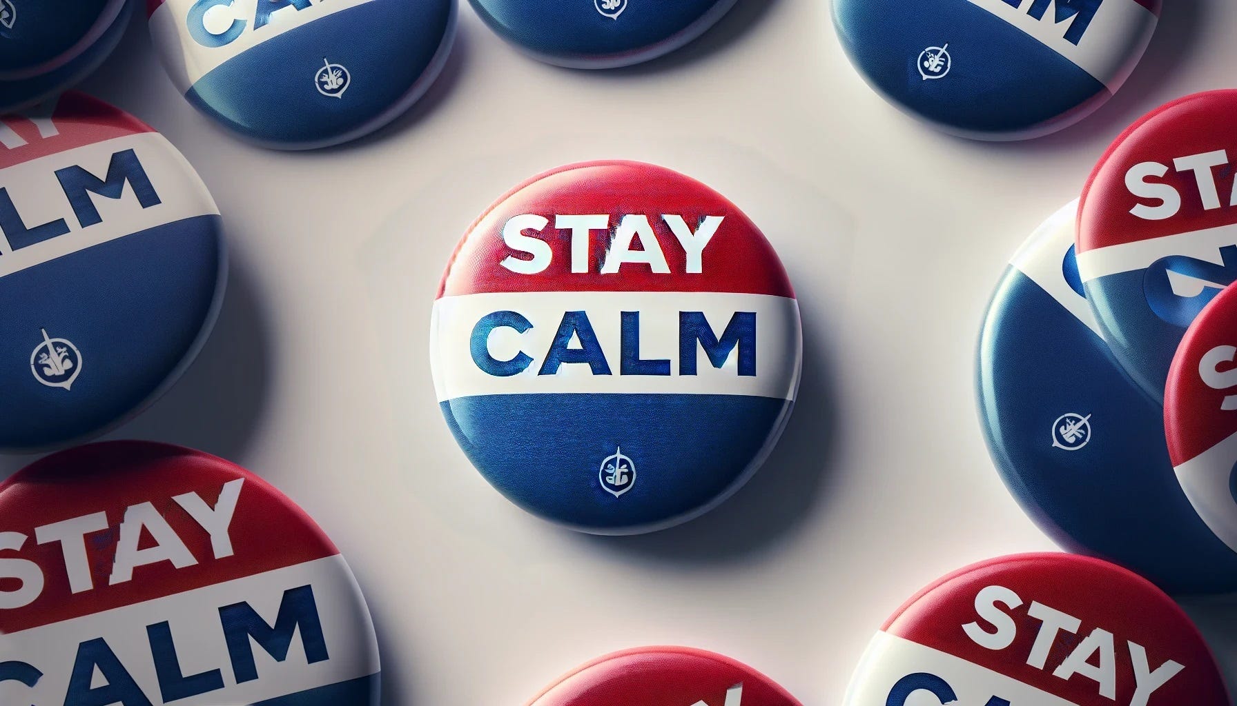 A selection of campaign buttons that read "STAY CALM"