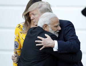 Indian Prime Minister Narendra Modi hugs U.S. President Donald Trump at the White House on June 26, 2017 Indian Prime Minister Narendra Modi hugs U.S. President Donald Trump at the White House on June 26, 2017