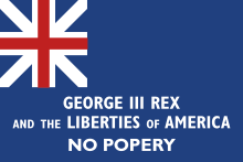 A blue flag saying "George III Rex - No Popery"