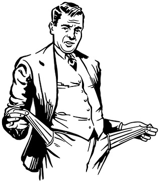 line art of some guy from maybe 1957 with brillcream hair and a three piece suit showing off empty trouser pockets