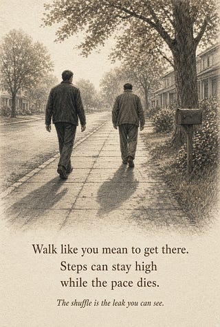 Two men walking away down a tree-lined street; pen and ink.