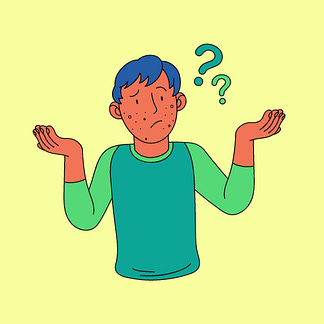 A man wearing a green top raising his arms up to his side looking in a state of confusion with question marks by his head. A man wearing a green top raising his arms up to his side looking in a state of confusion with question marks by his head.