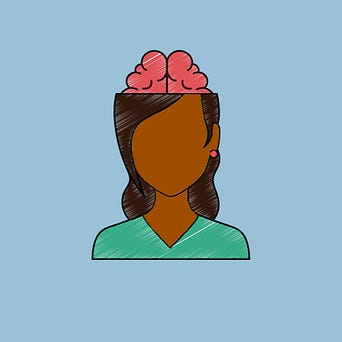 A woman with no facial features wearing a blue top with her brain showing above her head. Image from canva. A woman with no facial features wearing a blue top with her brain showing above her head. Image from canva.