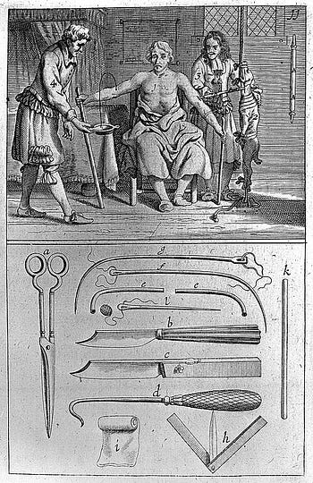 Transfering blood of a dog into a patient, circa 1692. Wellcome M0001645.jpg