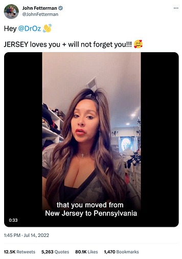 screenshot of John Fetterman tweeting a video with Snooki making fun of Dr Oz