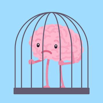 An animated cartoon of a brain trapped inside a metal cage An animated cartoon of a brain trapped inside a metal cage