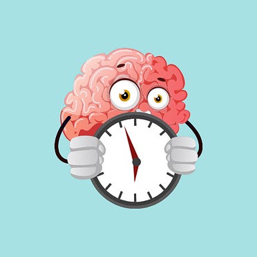 A cartoon brain holding a clock in its hands A cartoon brain holding a clock in its hands