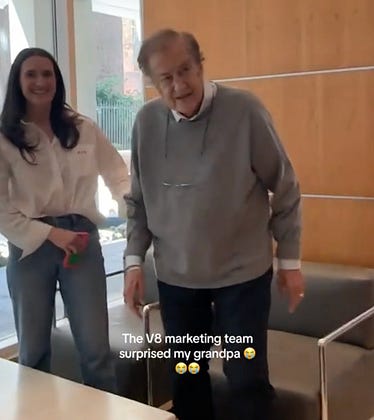 Screenshot of a 92 year old grandpa and his granddaughter. The text says "The V8 marketing team surprised my grandpa"