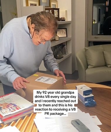 Screenshot of 92 year old grandpa unboxing a gift from V8 Juice