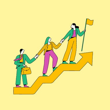 3 people climbing a ladder shaped like an arrow and holding hands