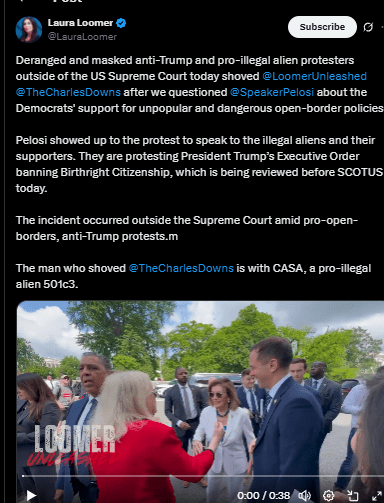 Pelosi shielded by CASA operatives at SCOTUS Pro-birthright citizenship protest after confrontation by Loomer Unleashed.