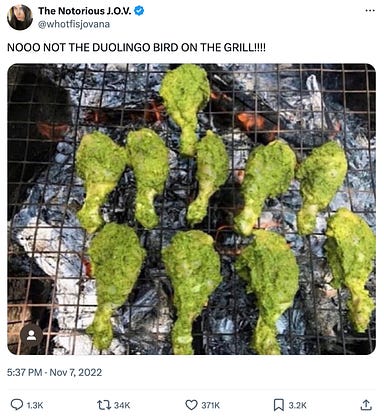 Tweet with an image of green chicken being grilled and someone saying "NOOO NOT THE DUOLINGO BIRD"