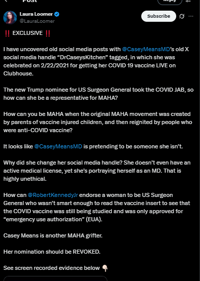 Post made on X by Investigative Journalist Laura Loomer. Casey Means faces backlash over her failed residency, fringe health beliefs, and woke ties as Surgeon General nominee.