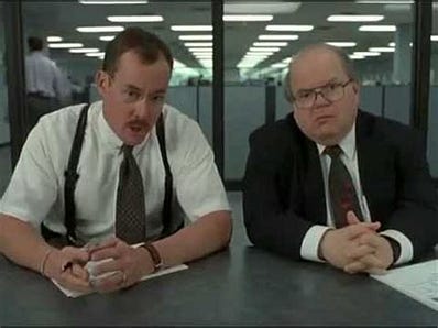 screencap of The Bobs from the film Office Space. Which is a work of art without parallel