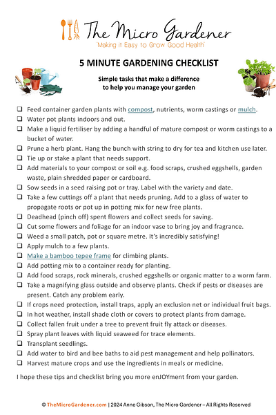 5 Minute Gardening Checklist by The Micro Gardener