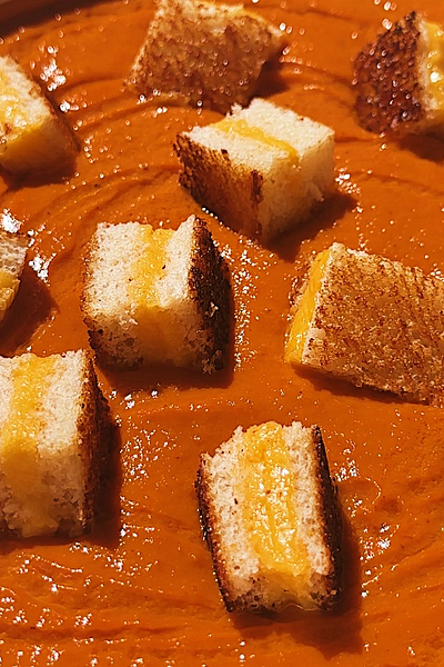 Sun-Dried Tomato Soup with Grilled Cheese Croutons