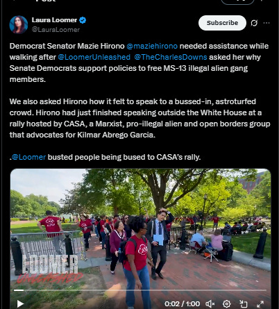 Loomer Unleashed report posted on X revealing that Democrat Lawmakers Addressed Bused-In CASA Activists Near White House During May Day, a Communist Holiday.