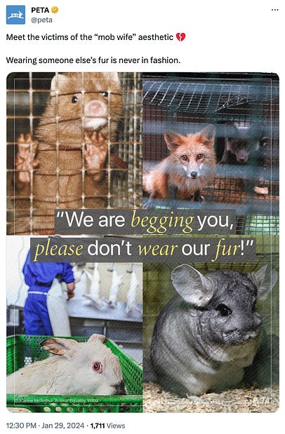 Tweet that says "meet the victims of mob wife aesthetic" with photos of animals whose fur we wear