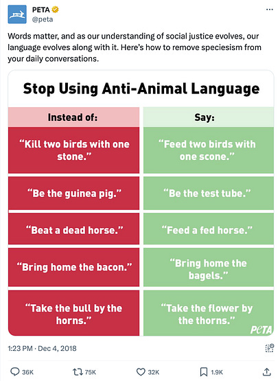 Tweet that says "Words matter, and as our understanding of social justice evolves, our language evolves along with it. Here’s how to remove speciesism from your daily conversations."