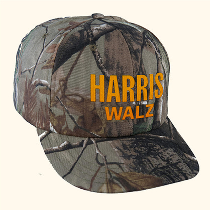 Camo print hat that reads Harris Walz in orange embroidered text