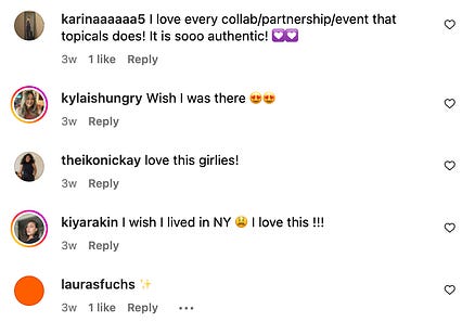 Screenshot from a Topicals post with comments like "I love ever collaboration Topicals does"