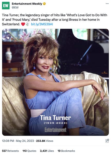 First tweet of a thread from Entertainment Weekly announcing Tina Turner's death
