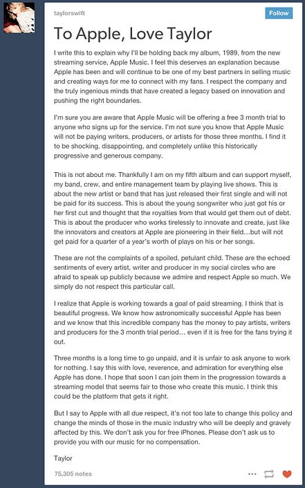 5 years ago today, Taylor Swift Wrote the Open Letter To Apple! :  r/TaylorSwift