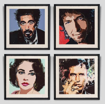 Four framed prints hanging on a wall, two above and two below. From the top left: Al Pachino, Bob Dylan, Keith Richards, Elizabeth Taylor. Each one looks like a digitally manipulated photograph of the person which was printed out and then doodled on with white marker or colored paint.