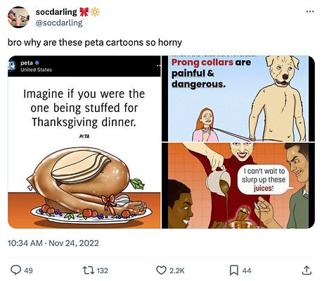 Tweet of someone calling PETA's cartoons horny