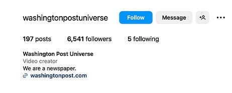 Screenshot of new "washington post universe" instagram account