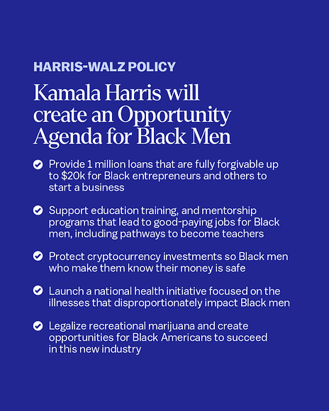 Graphic detailing Kamala Harris's policy initiatives to support Black Americans, including forgivable loans for entrepreneurs, education, mentorship programs, investments in safety, and launching a health initiative. Blue background with white font.