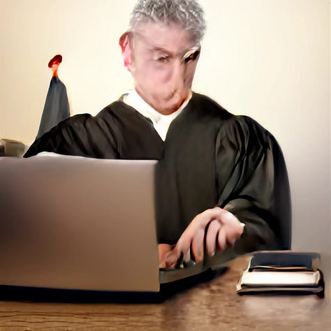 Five AI-generated images of white men in judge's robes. Their faces and hands are blurry and distorted, and they're sitting in front of laptops.