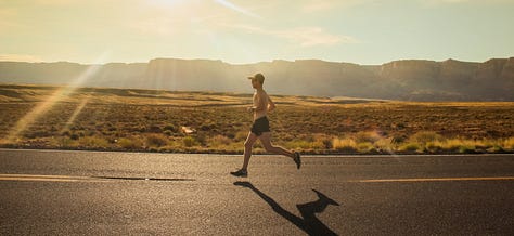 People in a yoga class, a man walking with his dog, a family out for a walk, a woman exercising, a person lifting weights, a person running.