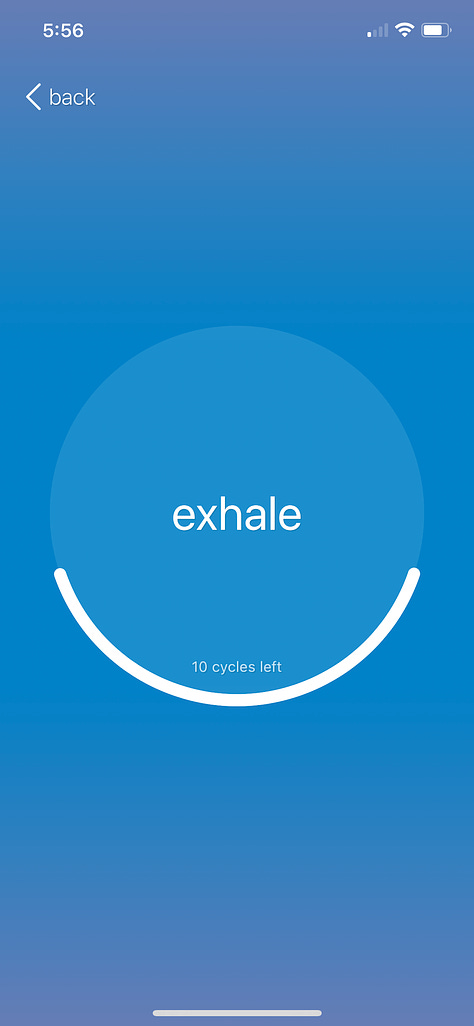 Screenshots of the inhale, hold, and exhale screens from the iBreathe app