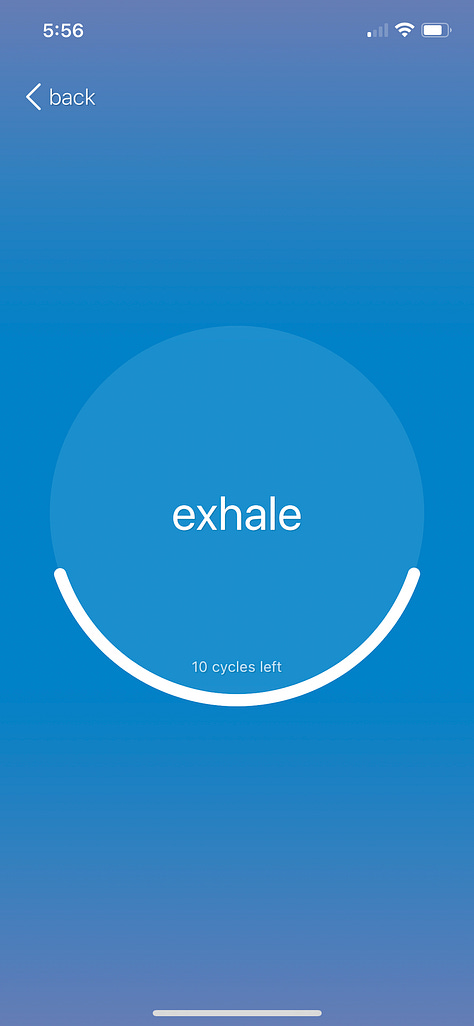 Screenshots of the inhale, hold, and exhale screens from the iBreathe app