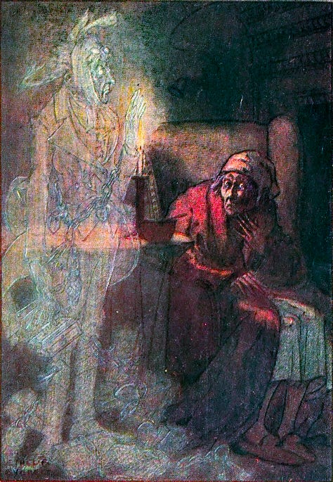 Various artists' rendering of Scrooge's confrontation with Marley's ghost