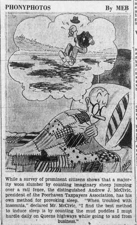Images show a series of cartoons from the Brooklyn Daily Eagle featuring a civic worker named Andrew J. McCivic.
