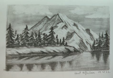 Charcoal drawings of landscapes, trees, mountains and forests