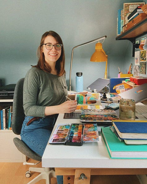 Photo of Danielle in her studio space and snapshots of her studio space