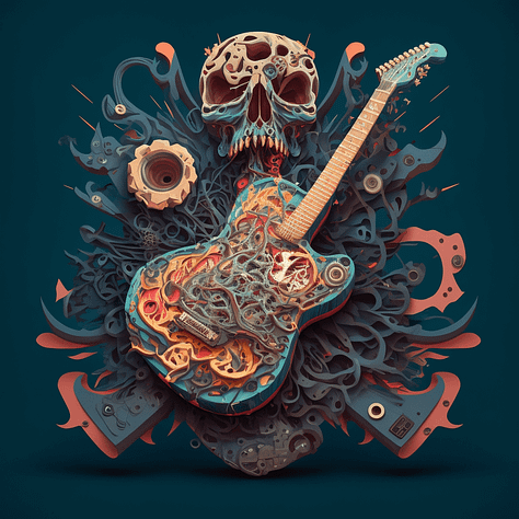 Visually striking exploding images of a guitar, banana, and planet in the style of the artist Nychos