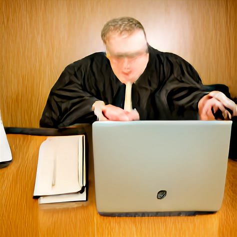 Five AI-generated images of white men in judge's robes. Their faces and hands are blurry and distorted, and they're sitting in front of laptops.