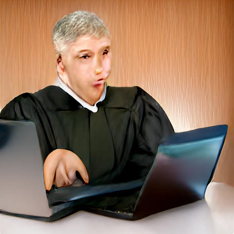 Five AI-generated images of white men in judge's robes. Their faces and hands are blurry and distorted, and they're sitting in front of laptops.