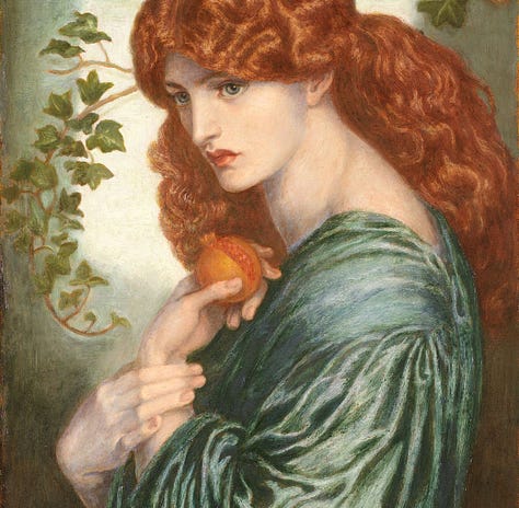 Painting of a woman with red hair; photo of a woman in a silver costume; photo of a woman in muted green tones.