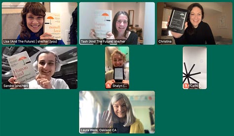 A gallery of screenshots showing the online book club meet up attendees holding their books into the camera and smiling