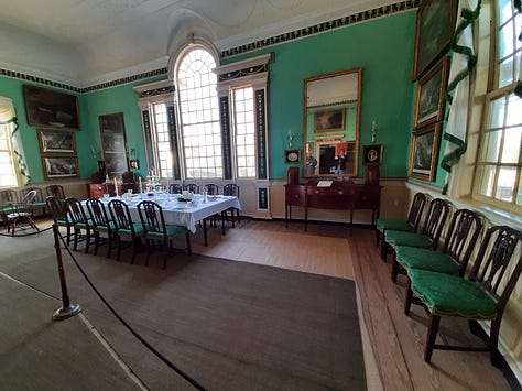 The interior of George Washington's Mount Vernon, including the dining room, parlor, a guest bedroom, Washington's library and the kitchen.
