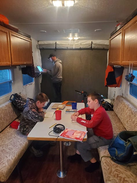 6 images of two boys homeschooling from different places, including an RV and on the beach