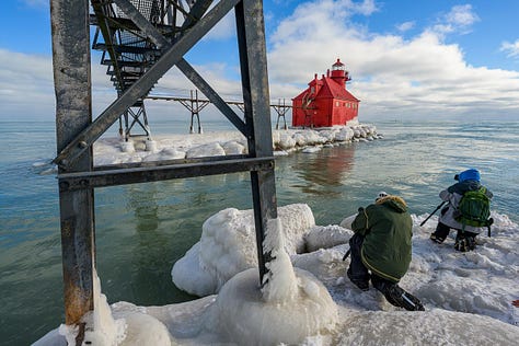 A selection of landscape photos that show winter images near frozen shorelines and water.